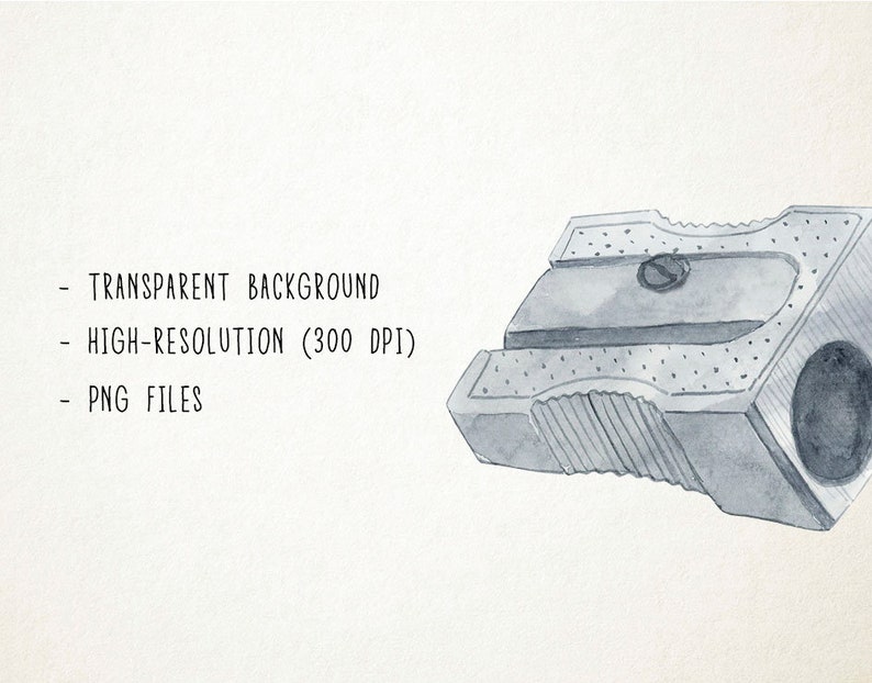 May include: Watercolor illustration of a gray pencil sharpener. The sharpener is depicted in a side view, showcasing its blade and the hole for inserting a pencil. The image includes text: Transparent Background, High-Resolution (300 DPI), PNG Files.
