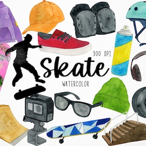 Watercolor Skate Clipart, Skateboard Clipart, Urban Clipart, Skater Clipart, Skateboarding Clipart, Street Sport Clipart, Skating Clipart