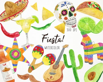 Fiesta Clipart, Mexican Clipart, Fiesta Clip Art, Watercolor Fiesta Clipart, Cinco de Mayo Clipart, Mexico Clipart, Watercolor Clipart
