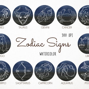 Watercolor Zodiac Signs Clipart, Horoscope Clipart, Constellations Clipart, Astrology Clipart, Astronomy Clipart, Stars Clipart, Celestial