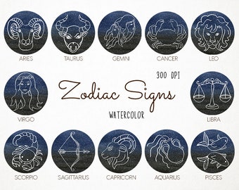 Watercolor Zodiac Signs Clipart, Horoscope Clipart, Constellations Clipart, Astrology Clipart, Astronomy Clipart, Stars Clipart, Celestial