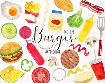 水彩バーガークリップアート、バーガーの材料クリップアート、ファーストフードクリップアート、ジャンクフードクリップアートバーガーパーティークリップアート、バーガートッピングクリップアートバーベキュー