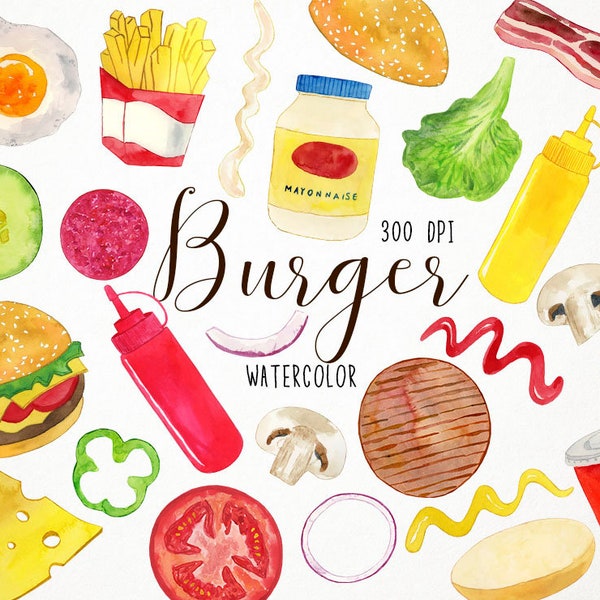 Watercolor Burger Clipart, Burger Ingredients Clipart, Fast Food Clipart, Junk Food Clipart Burger Party Clipart, Burger Topping Clipart Bbq