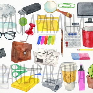May include: Watercolor illustration of various office supplies, including a computer mouse, USB drive, magnifying glass, monitor, calculator, red mug, and more. The image also features a briefcase, notepad, and a cactus in a pot.