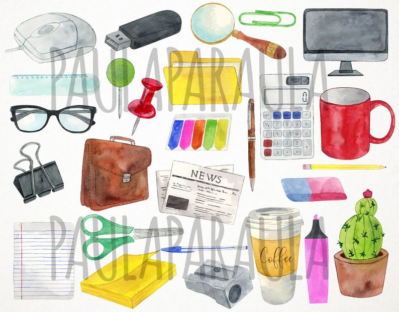May include: Watercolor illustration of various office supplies, including a computer mouse, USB drive, magnifying glass, monitor, calculator, red mug, and more. The image also features a briefcase, notepad, and a cactus in a pot.