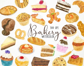 May include: Watercolor illustrations of various bakery items, including pastries, cakes, breads, and cookies. The illustrations are in a variety of colors, including brown, white, yellow, and red. The text "Bakery Watercolor 300 DPI" is written in black cursive.