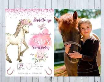 Horse Invitation with Photo, Pony Birthday Invitation with Picture, Farmer Invitation, Rodeo Invitation, Cowgirl Invitation Saddle up Invite