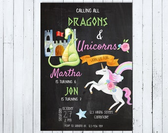 Unicorn and Dragon Birthday Invitation, Dragon and Unicorn Invitation, Unicorn and Dragon Invite, Dragon and Unicorn Party, Siblings Invite