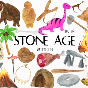 Watercolor Stone Age Clipart, Prehistoric Clipart, Caverman Clipart, Prehistory Clipart, Neanderthal Clipart, Paleo Clipart, Mammoth Clipart