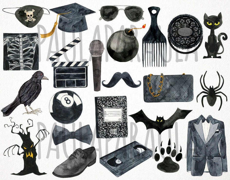 Watercolor Black Clipart, Black Color Clipart, Black Objects Clipart ...