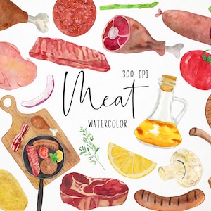 Watercolor Meat Clipart, Meat Clip Art, Beef Clipart, Pork Clipart, Steak Clipart, Butcher Shop Clipart, BBQ Clipart, Meat Products Clipart
