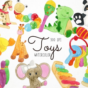 Puede incluir: Un conjunto de ilustraciones de acuarela de varios juguetes para ni&ntilde;os, que incluyen un caballo de balanc&iacute;n, una jirafa, un pato, una oruga, un dinosaurio, una maraca, un xil&oacute;fono, un juego de llaves, un juguete para apilar, bolos y un elefante. Las ilustraciones son de estilo de dibujos animados y son perfectas para usar en libros para ni&ntilde;os, sitios web u otros proyectos.