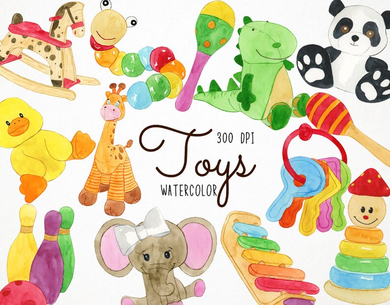 Puede incluir: Un conjunto de ilustraciones de acuarela de varios juguetes para ni&ntilde;os, que incluyen un caballo de balanc&iacute;n, una jirafa, un pato, una oruga, un dinosaurio, una maraca, un xil&oacute;fono, un juego de llaves, un juguete para apilar, bolos y un elefante. Las ilustraciones son de estilo de dibujos animados y son perfectas para usar en libros para ni&ntilde;os, sitios web u otros proyectos.
