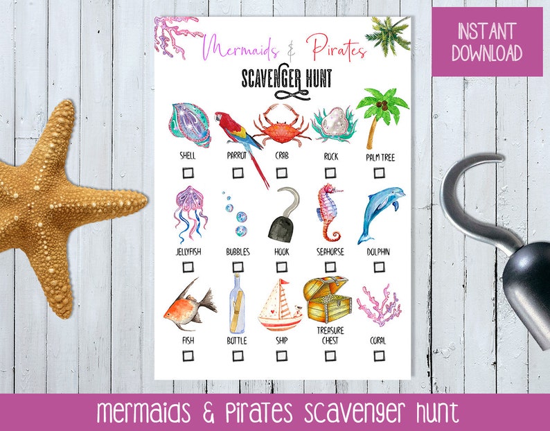 Printable Mermaid & Pirates Scavenger Hunt for Kids Mermaid | Etsy