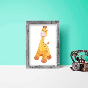 May include: A framed watercolor illustration of a cute cartoon giraffe with brown spots and a pink nose. The giraffe is standing on a white background.