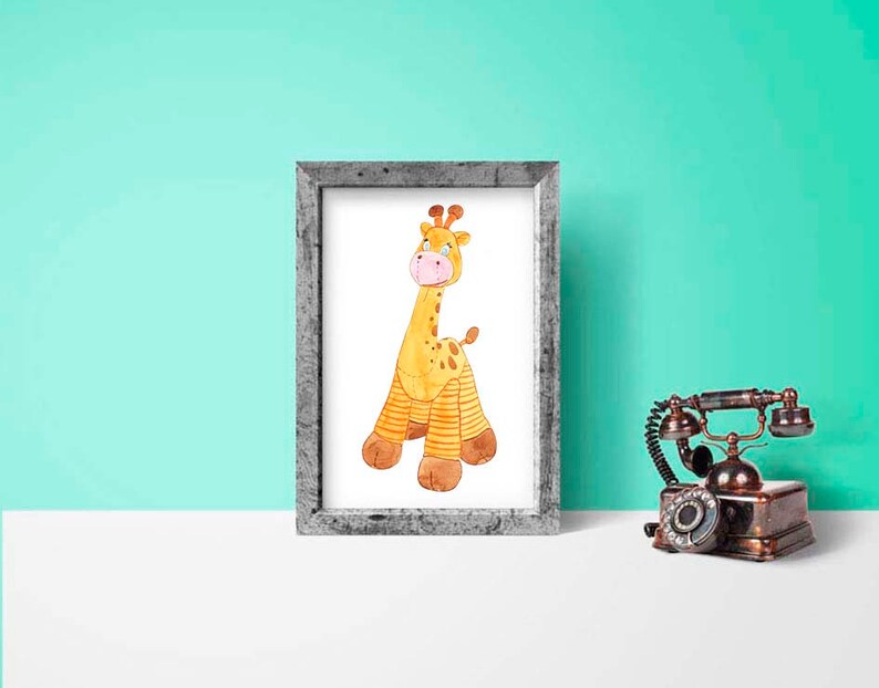 May include: A framed watercolor illustration of a cute cartoon giraffe with brown spots and a pink nose. The giraffe is standing on a white background.