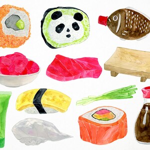 May include: A watercolor illustration of sushi ingredients, including a panda-shaped sushi roll, a bowl of red fish, a piece of raw tuna, a sushi roll with yellow egg, a sushi roll with avocado and salmon, a tube of wasabi paste, a bottle of soy sauce, a bottle of fish sauce, a wooden sushi board, and green onions.