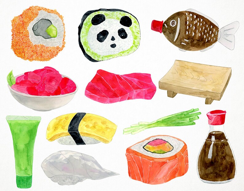 May include: A watercolor illustration of sushi ingredients, including a panda-shaped sushi roll, a bowl of red fish, a piece of raw tuna, a sushi roll with yellow egg, a sushi roll with avocado and salmon, a tube of wasabi paste, a bottle of soy sauce, a bottle of fish sauce, a wooden sushi board, and green onions.
