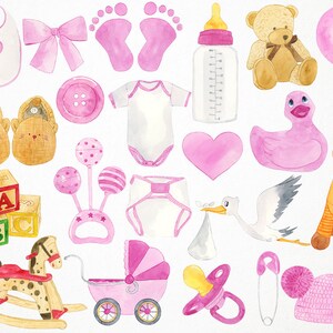 May include: A collection of pink and white baby shower decorations, including a baby bottle, a rattle, a pacifier, a baby carriage, a teddy bear, a giraffe, a stork, a duck, a bib, a pair of booties, a heart, a pair of footprints, a hat, a diaper, and a set of blocks that spell out "ABC".