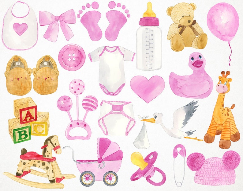 May include: A collection of pink and white baby shower decorations, including a baby bottle, a rattle, a pacifier, a baby carriage, a teddy bear, a giraffe, a stork, a duck, a bib, a pair of booties, a heart, a pair of footprints, a hat, a diaper, and a set of blocks that spell out "ABC".