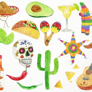 Op de afbeelding: Een verzameling aquarel illustraties met Mexicaanse fiesta thema's. De illustraties omvatten een sombrero, een taco, maracas, een pi&ntilde;ata, een cactus, een gitaar, limoenen, een schedel, een chilipeper, een flesje hete saus en een ezel-pi&ntilde;ata.
