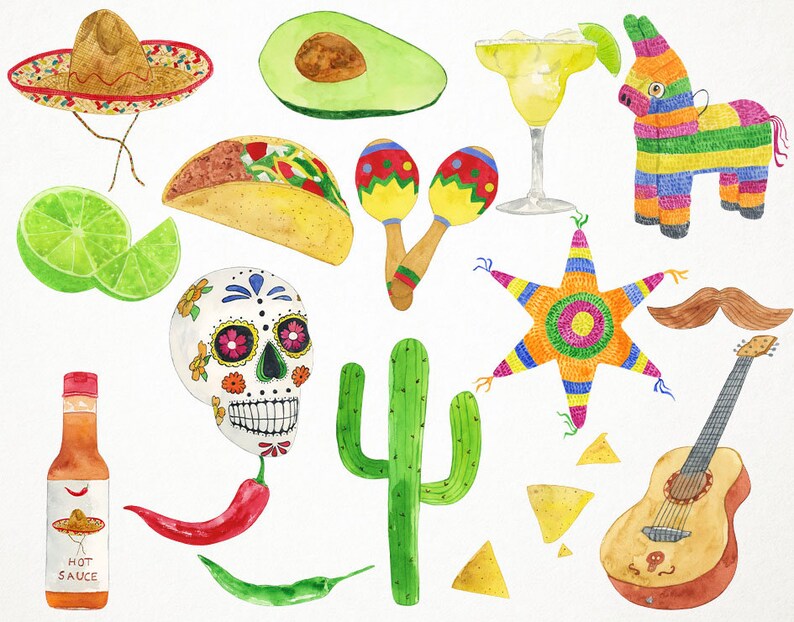 Op de afbeelding: Een verzameling aquarel illustraties met Mexicaanse fiesta thema's. De illustraties omvatten een sombrero, een taco, maracas, een pi&ntilde;ata, een cactus, een gitaar, limoenen, een schedel, een chilipeper, een flesje hete saus en een ezel-pi&ntilde;ata.
