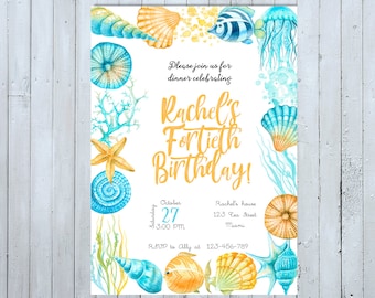 May include: A watercolor invitation with a seashell and starfish theme. The invitation is for Rachel's 40th birthday party. The text reads "Please join us for dinner celebrating Rachel's Fortieth Birthday!"  The date is October 27th at 3:00 PM. The location is Rachel's house, 123 Tea Street, Miami. The RSVP information is to call Ally at 123-456-789.