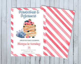 May include: A birthday party invitation with a watercolor illustration of a stack of pancakes with blueberries and strawberries, and a pair of blue slippers. The text reads "Pancakes & Pajamas" and "Marge is turning 7!" with details about the party.