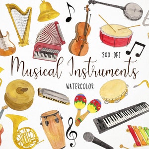 Watercolor Musical Instruments Clipart, Music Clipart, Orchestra Clipart, Concert Clipart Band Clipart Acoustic Clipart Instruments Graphics