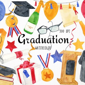 May include: Watercolor illustrations of graduation themed items, including a cap and gown, diploma, champagne bottle, gift box, medal, and a podium. The illustrations are in a variety of colors, including blue, red, yellow, and green. The text "Graduation Watercolor" is written in black.