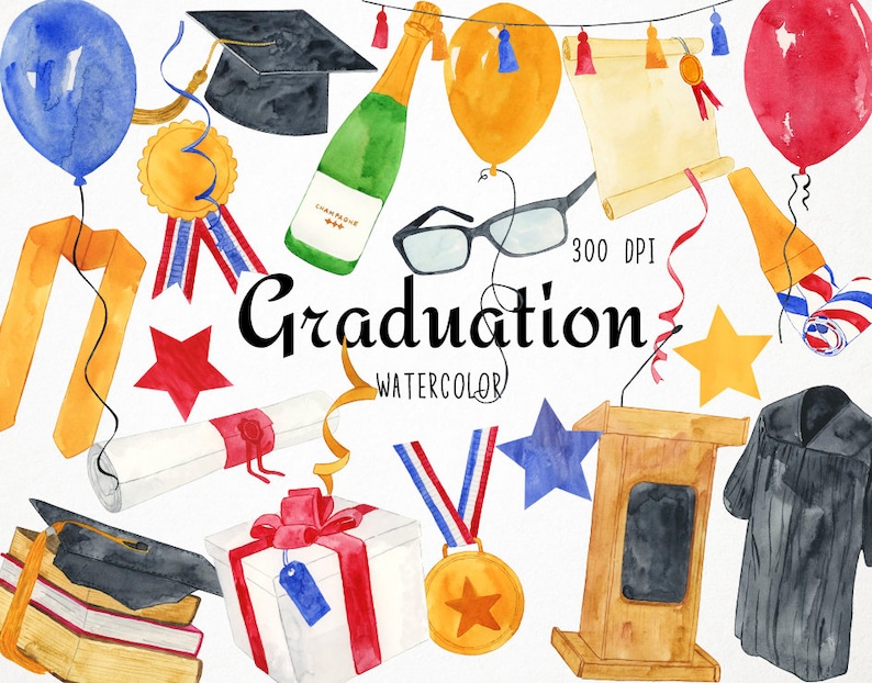 May include: Watercolor illustrations of graduation themed items, including a cap and gown, diploma, champagne bottle, gift box, medal, and a podium. The illustrations are in a variety of colors, including blue, red, yellow, and green. The text "Graduation Watercolor" is written in black.