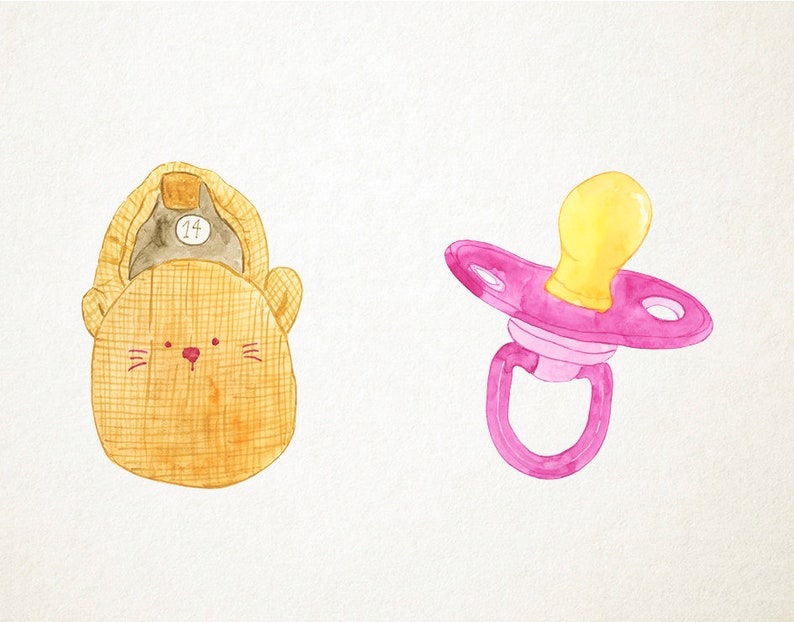 May include: A yellow and brown plush toy shaped like a bear with a number "14" on its head, and a pink and yellow baby pacifier.