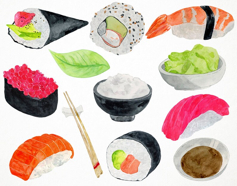 Watercolor Sushi Clipart, Asian Clipart, Fish Clipart, Japanese Clipart, Sushi Clip Art, Chinese Food Clipart, Japanese Food Clipart image 2
