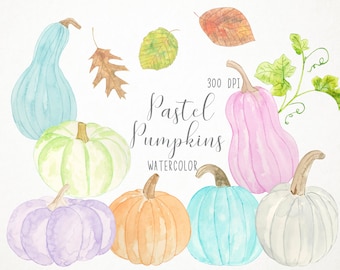 Akvarell pastellpumpor Clipart, pumpa och löv, pumpor Clip Art, höst Clipart, höst Clipart, Halloween Clipart, Jack O'Lantern