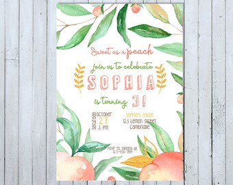 Birthday Invitation, Sweet Peach Birthday Invitation, Sweet as a Peach Party Invitation, Peach Birthday Invitation, Georgia Peach Invitation