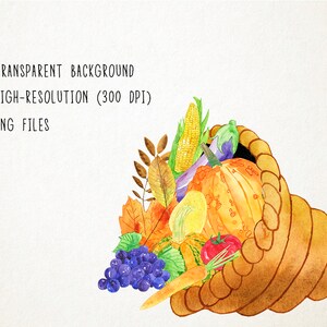 Peut inclure: Une illustration aquarelle d'une corne d'abondance d&eacute;bordant de l&eacute;gumes et de fruits de la r&eacute;colte d'automne, y compris du ma&iuml;s, des aubergines, des courges, des raisins, des tomates, des carottes et des feuilles d'automne.