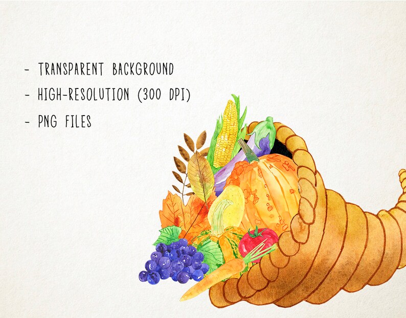 Peut inclure: Une illustration aquarelle d'une corne d'abondance d&eacute;bordant de l&eacute;gumes et de fruits de la r&eacute;colte d'automne, y compris du ma&iuml;s, des aubergines, des courges, des raisins, des tomates, des carottes et des feuilles d'automne.