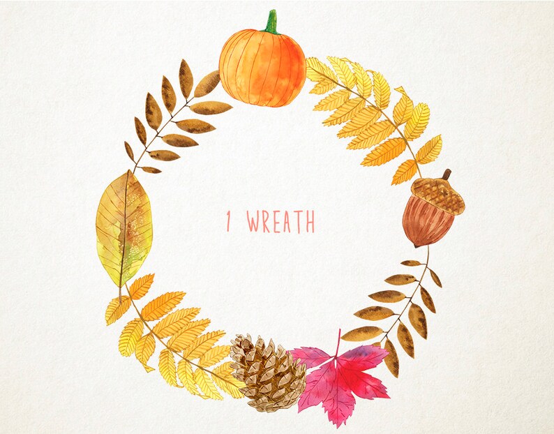 Peut inclure: Une couronne aquarelle avec des feuilles d'automne, une petite citrouille, un gland et une pomme de pin. La couronne est sur un fond blanc et le texte "1 Wreath" est &eacute;crit au centre.