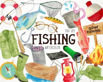 Watercolor Fishing Clipart, Fishing Graphics, Fishing Illustration Fisherman Clipart Camping Clipart Father's Day Clipart Fishing Supplies