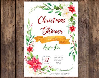 以下が含まれることがあります： 水彩画の花輪が赤、白、緑の色合いで描かれたクリスマスシャワーの招待状です。テキストには「Angie Foxを称えるクリスマスシャワー」とイベントの日時が書かれています。RSVPの情報は下部に記載されています。