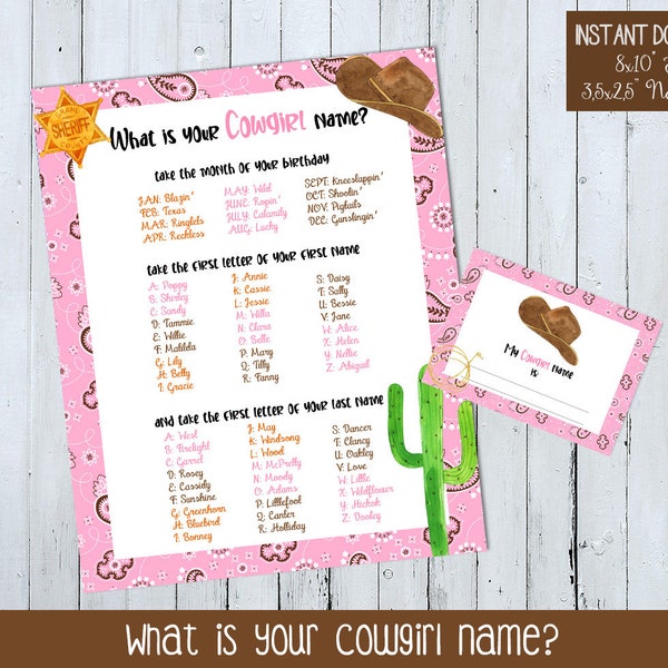 What's your Cowgirl Name Game, Cowgirl Name Generator, Cowgirl Birthday Game, Cowgirl Party Game, Cowgirl Party Decor Game, Horse Birthday