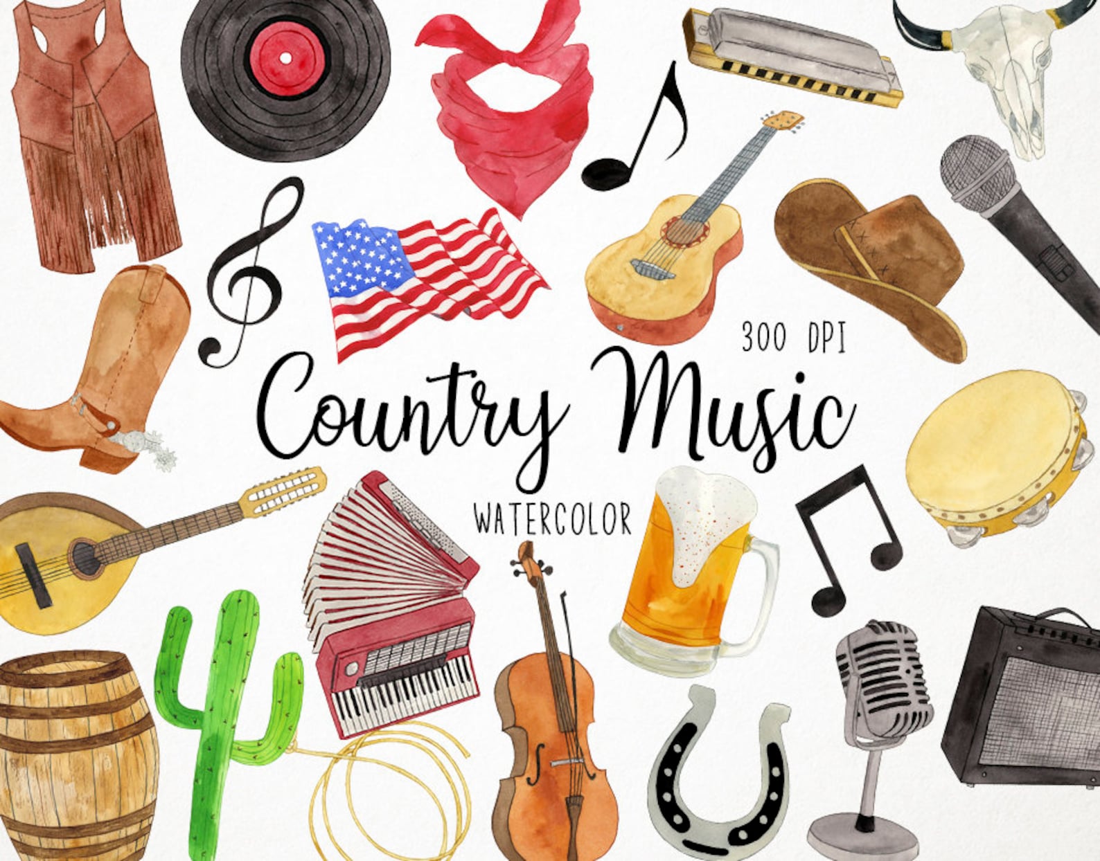 Watercolor Country Music Clipart Country Clipart Country - Etsy