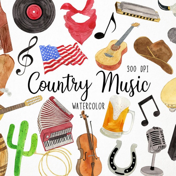 Watercolor Country Music Clipart, Country Clipart, Country Music Festival Clipart, Western Clipart, American Music Clipart, Western Music