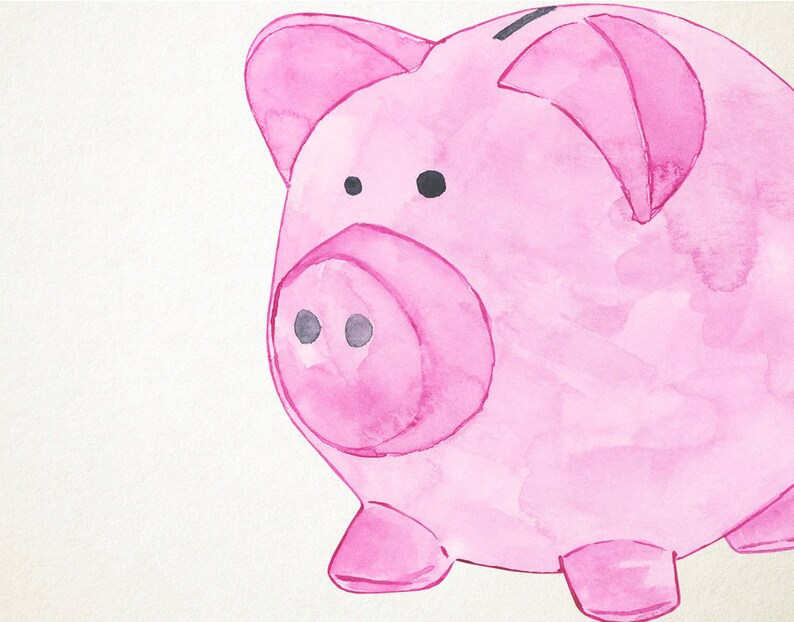 May include: A pink piggy bank with a black slot on top. The piggy bank is painted in a watercolor style.