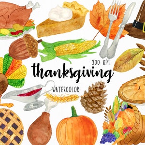 Peut inclure: Illustrations aquarelle d'&eacute;l&eacute;ments sur le th&egrave;me de Thanksgiving, notamment une dinde, du ma&iuml;s, une citrouille, une tarte, un gland, des feuilles et une corne d'abondance. Le texte "thanksgiving watercolor" est inclus dans l'image.