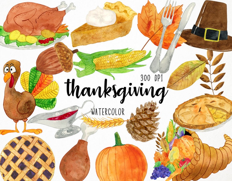 Peut inclure: Illustrations aquarelle d'&eacute;l&eacute;ments sur le th&egrave;me de Thanksgiving, notamment une dinde, du ma&iuml;s, une citrouille, une tarte, un gland, des feuilles et une corne d'abondance. Le texte "thanksgiving watercolor" est inclus dans l'image.