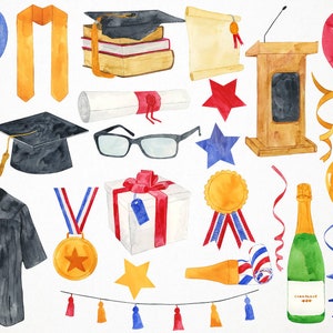 May include: Watercolor illustrations of graduation party decorations, including a cap and gown, a diploma, a champagne bottle, a podium, balloons, and a star-shaped medal.