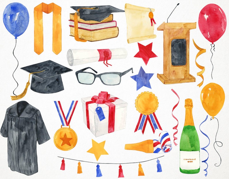 May include: Watercolor illustrations of graduation party decorations, including a cap and gown, a diploma, a champagne bottle, a podium, balloons, and a star-shaped medal.