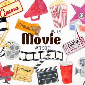 Movie Clipart, Hollywood Clipart, Cinema Clipart, Popcorn Clipart, Movie Clip Art, Watercolor Clipart, Popcorn Clip Art, Red Carpet Clipart