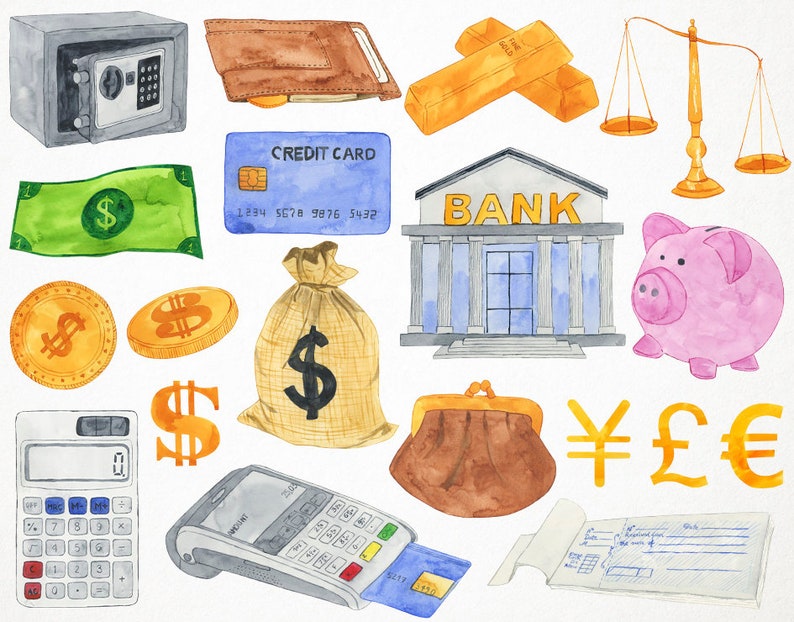 May include: Watercolor illustration of various financial and banking items, including a safe, credit card, bank building, piggy bank, money bag, scales, gold bars, coins, calculator, cash register, checkbook, and currency symbols. The illustration is in a cartoon style and features bright colors.